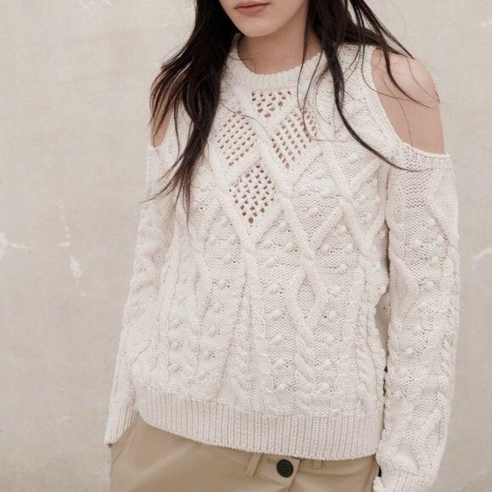 Zara chunky Cable Knit cold Shoulder Sweater in ecru beige small - Picture 4 of 7
